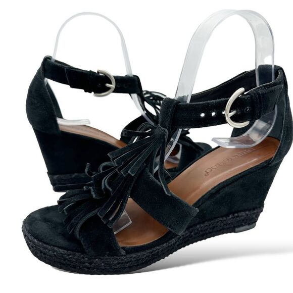 KAYA Bernardo Black Suede Tassel Fringe Wedge Espadrille Sandal Boho Sz 8 casual - Picture 1 of 15
